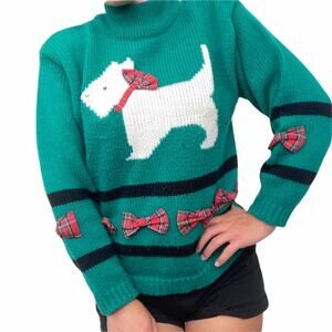 Vintage Green Scottie Dog Sweater Plaid Bows Sz S